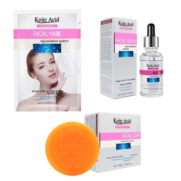 Kojic Acid Brightening Facial Soap, Facial Mask &amp; Facial Serum - Pack of 3