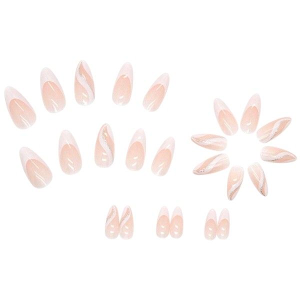 24 Medium Almond French Tip Press-On Nails With Swirls &amp; Glitter - White