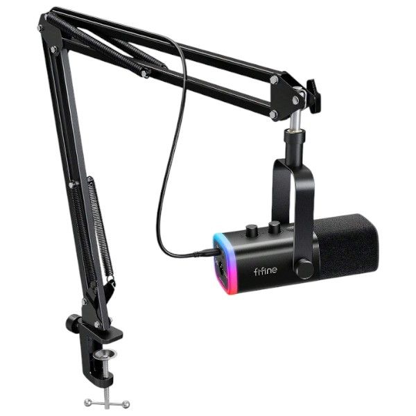 FIFINE-AM8T-Dynamic Microphone Kit With Boom Arm Stand &amp; RGB Lighting-Black