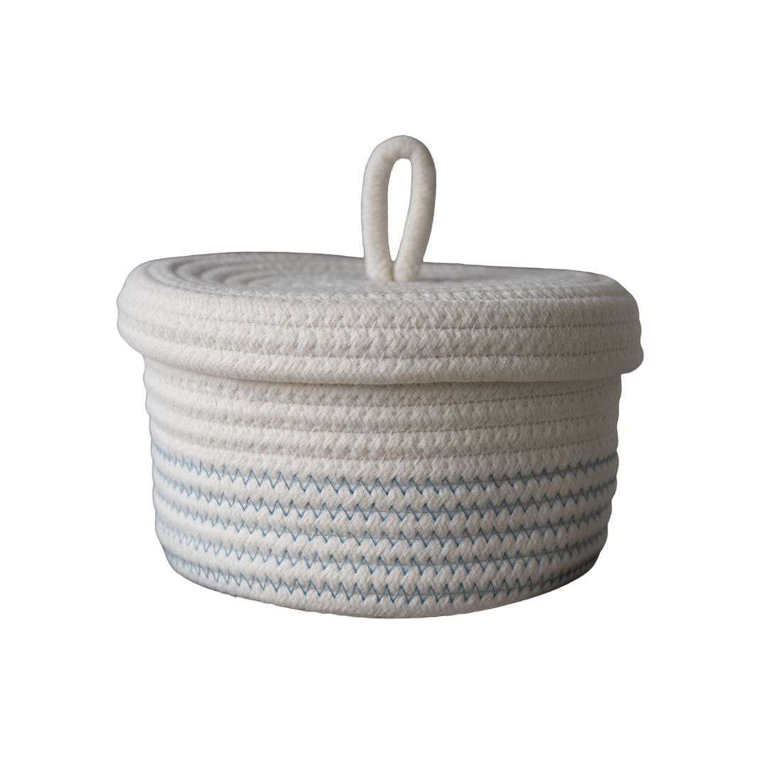 Nordic Scandinavian Small Cotton Storage Basket with Lid Cream & Blue