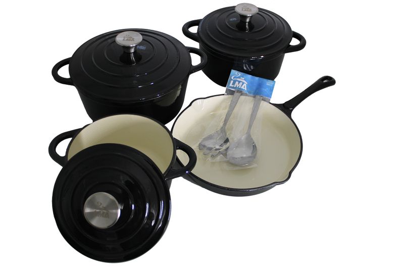 LMA Branded 7 Piece Cast Iron Cookware Set &amp; Two Piece Utensil Set - Black