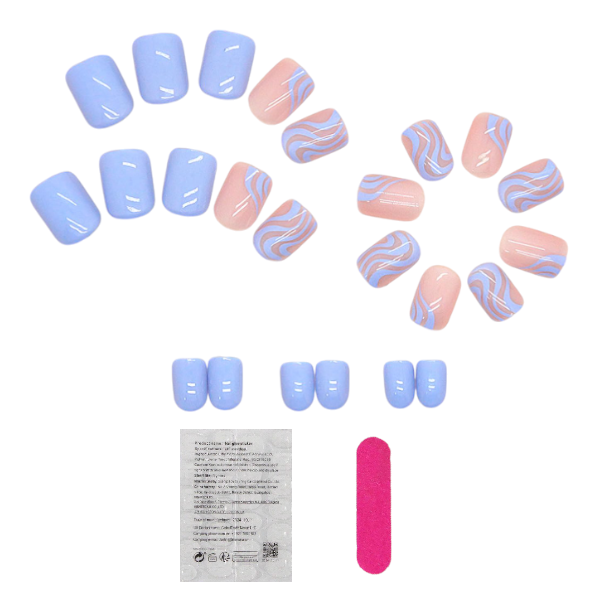 24pcs Pastel Swirl Short Square Press-On Nails - Blue