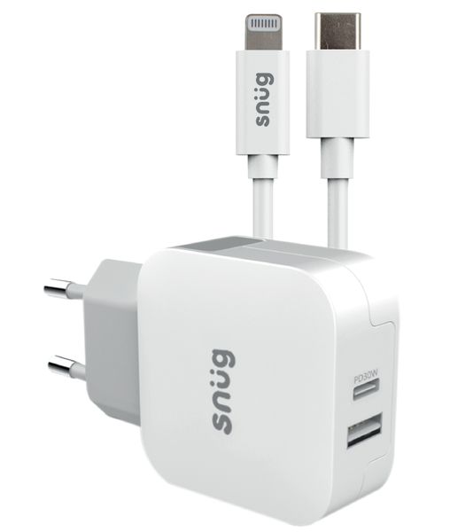 Snug 30W PD Dual USB Wall Charger With MFI To Type-C Cable - White