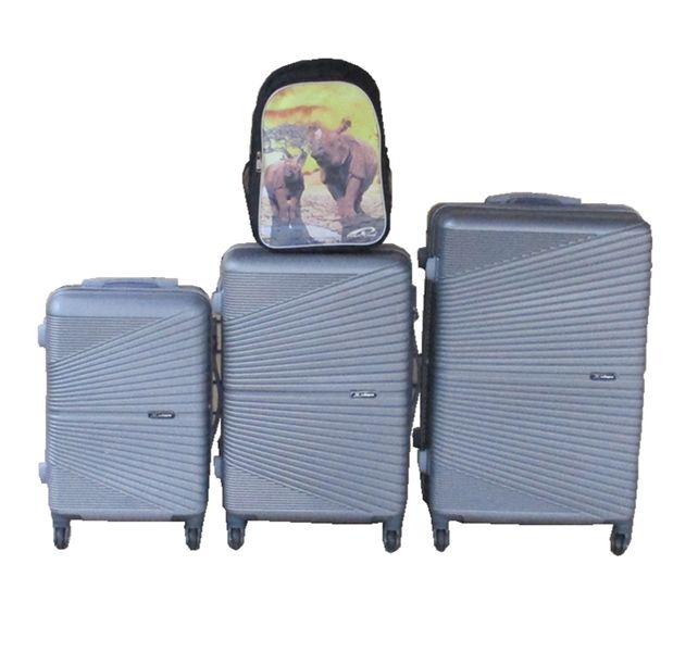 Silver ABS 3-Piece Trolley Luggage Set with Rhino Kids Backpack