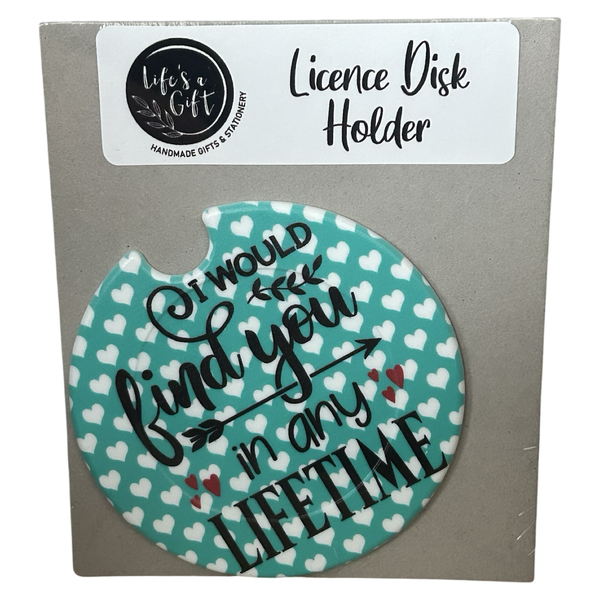 Licence Disk Holder - Black Arrow, Red &amp; White Hearts with Lifetime quote