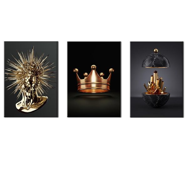Canvas-Art-3 Pieces Spike Head, Gold Crown , Black &amp; Gold Marble Wall Art