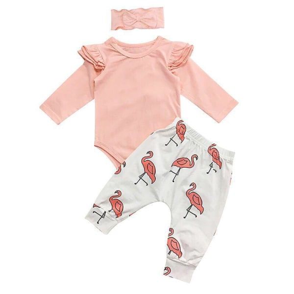 Optic 3 Pcs Baby Girl Ruffle Romper Flamingo Pants with Headband-Pink