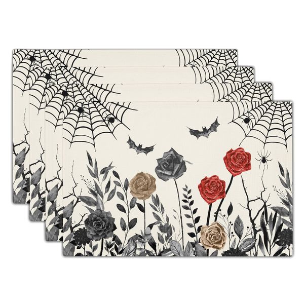 Halloween Placemats Set of 4, Vintage Floral Bat Spider Web, 33x45cm