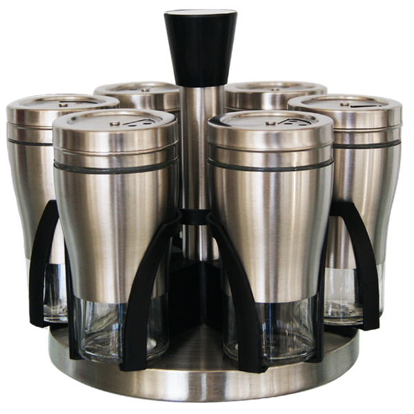6 Piece Broad Glass Spice Jars in Stainless Steel Jacket &amp; Rotating Spice