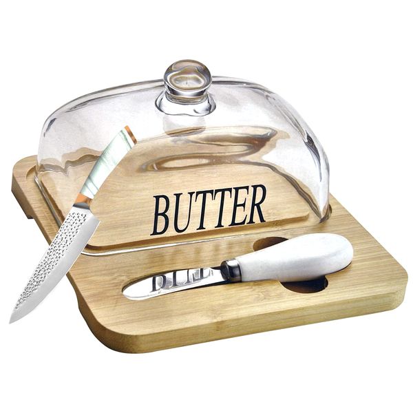 Glass Butter Dish with Lid Clear Glass Butter Keeper Container - 3 Pieces Set