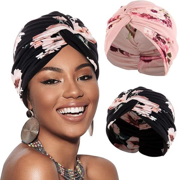 2 Pack Women's Chemo Hats Turban Pre-Tied Beanie Headwear Pleated Hat
