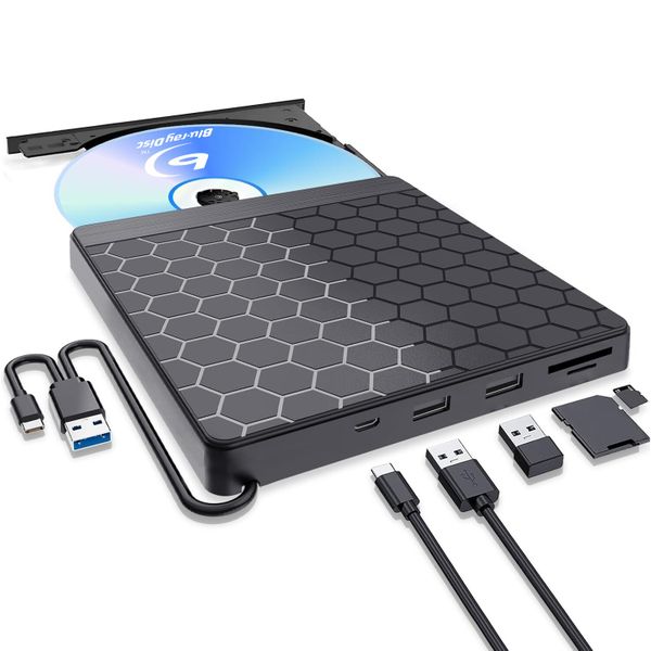 5-In-1 Multifunctional Blu-ray External CD&amp;DVD Drive, USB 3.0+Type-C Port