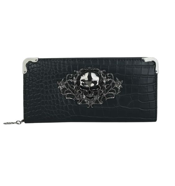 Gothic Skull Croc-Textured Long Wallet