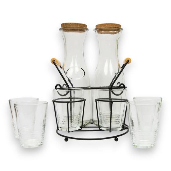 Glass Juice Jars with 6 Cups, Lids &amp; Stand