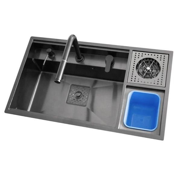 Stylish Black Kitchen Sink with Folding Tap and Build in Bin