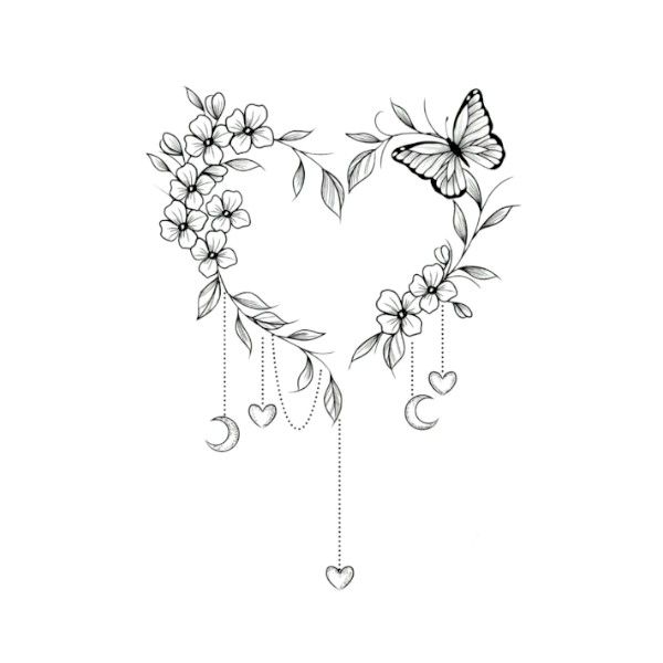 1pcs - Temporary Tattoo With Flower Ring, Butterfly &amp; Heart Design - Black