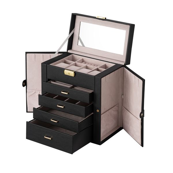 Large PU Leather Jewelry Organizer with Mirror Storage Box Jewelry Box