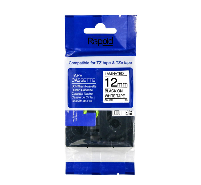 TZ-231 Label Tape - Laminated (12x8mm) Black on White - Compatible with Brother