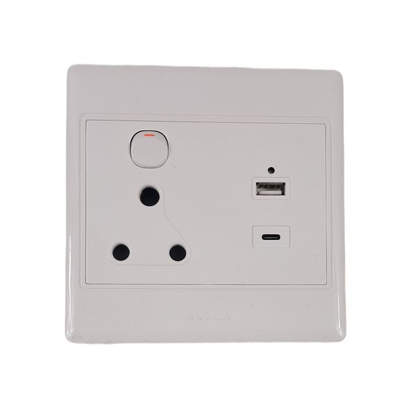 16A Wall Socket with USB-A &amp; USB-C Charger (5V 2.1A) - White
