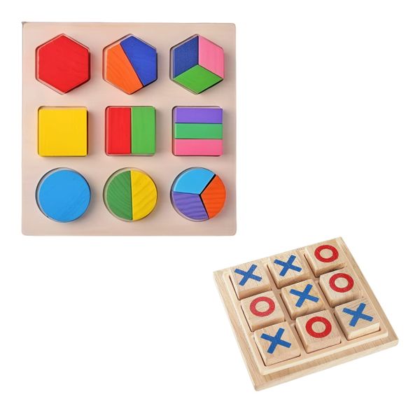 Durable Wooden Fraction Shape Puzzle and Classic Tic Tac Toe Game - Set of 2