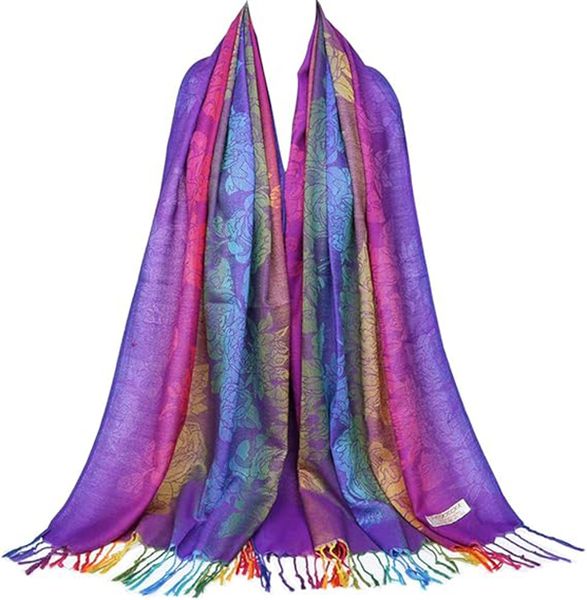 Colorful Flowers Jacquard Cotton Pashmina Women Wrap Shawl Tassels Scarves