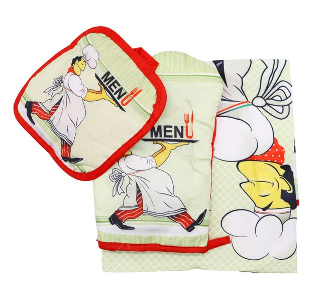 3-Piece Oven Mitten Set - Potholder Apron Chef Design A Menu