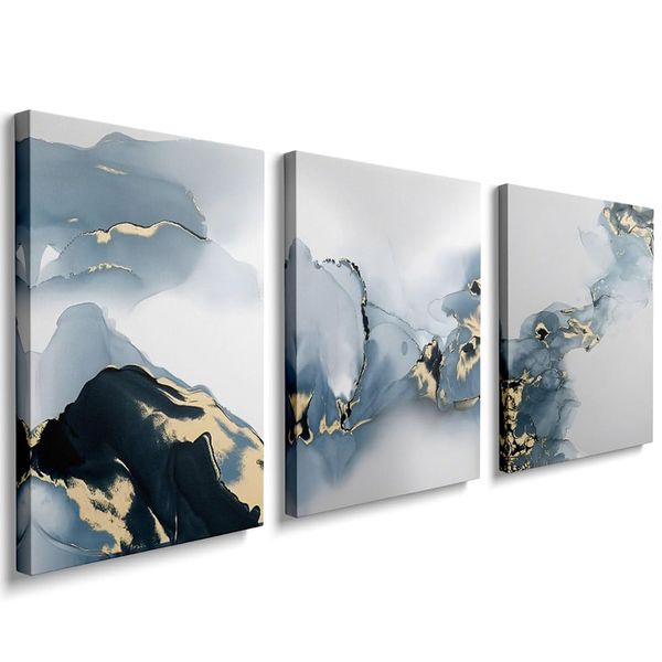 Nordic Blue And Gold Abstract Canvas Wall Art Decor - 3 Piece