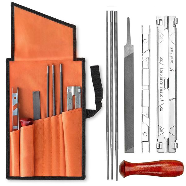 Chainsaw Sharpening Kit - 7 Piece Set with Round Files Handle, Filing Guide
