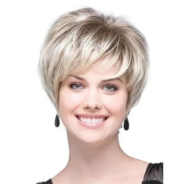 Fashion women's short fluffy temperament light golden artificial wig