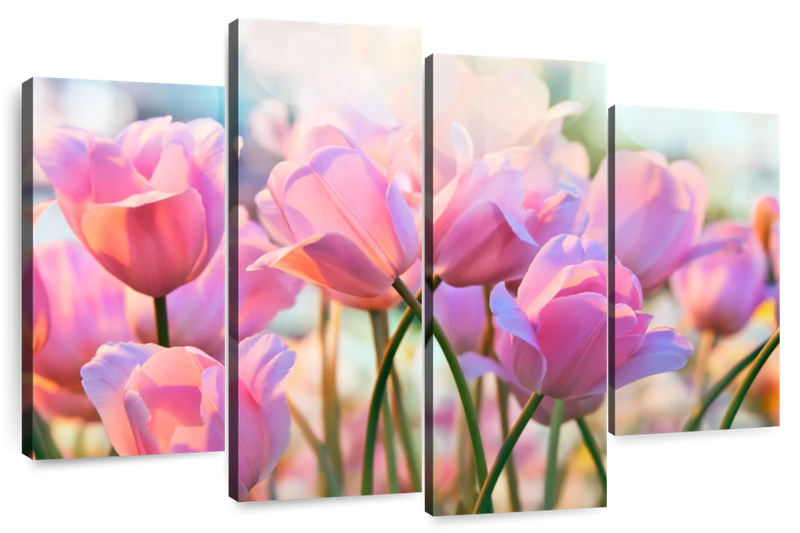Canvas Art - Pink Tulips 4 Piece Canvas Wall Art For Living Bedroom Decor