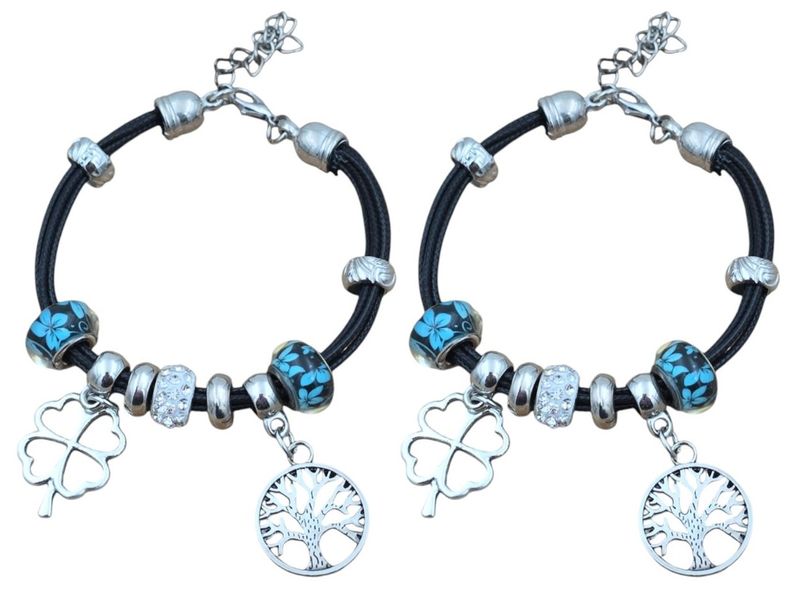 Charm Bracelets with silver Charms of Four Leaf Clover &amp; Tree Shape- 2 Pack