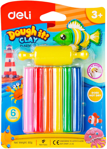 Deli Plasticine 6 Colour Modelling Clay With Rolling Tool - D75011