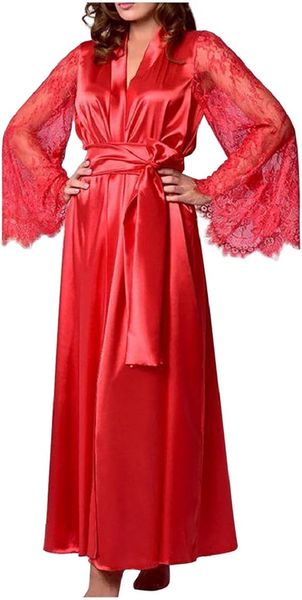 Luxury Satin Lace Sleeve Robe Ankle Length Elegant Wrap Gown
