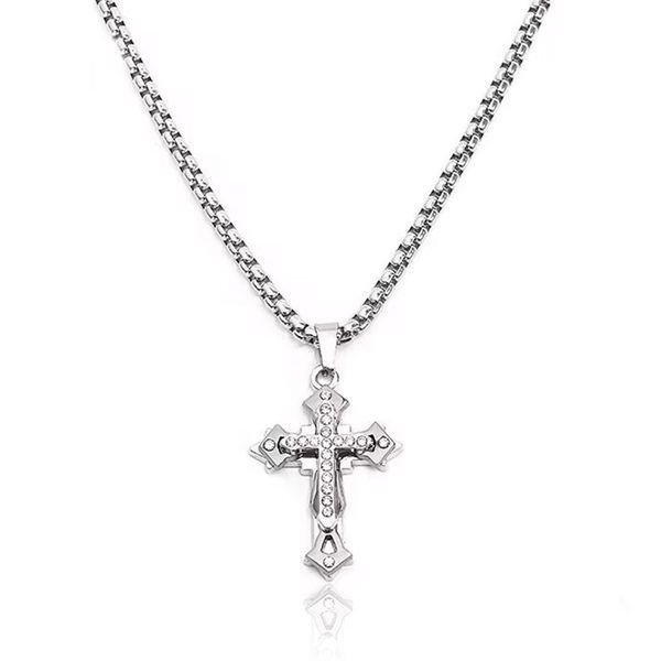 Multilayer Cross Necklace with Diamond Pendant Stainless Steel Chain