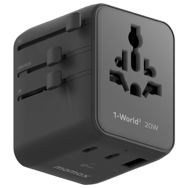 Momax 1-World2 20W GaN 3-Port + Dual AC Mini Travel Adapter Black