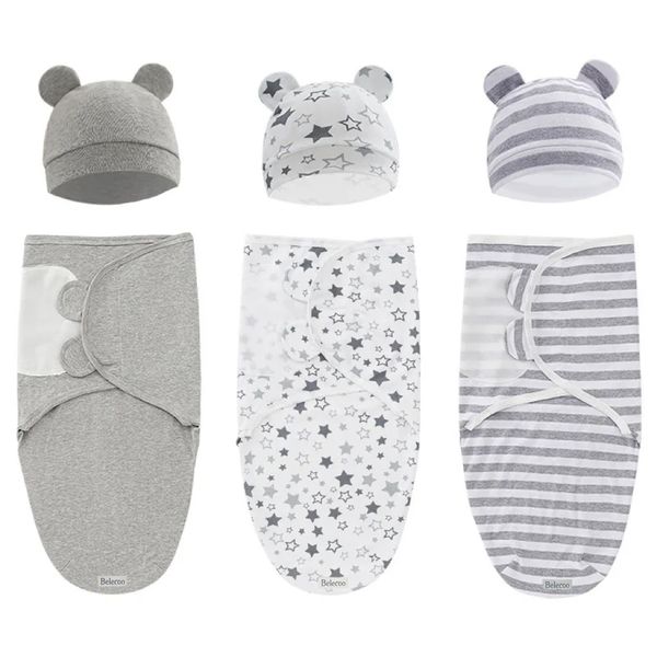 3-Piece Set Of Newborn Boy Spring Silk Swaddle Blanket Wrap Hat Set