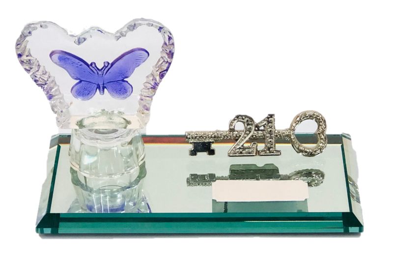 21st Key - Lilac Butterfly In Glass Block On Mirror Base With Engraving Plate