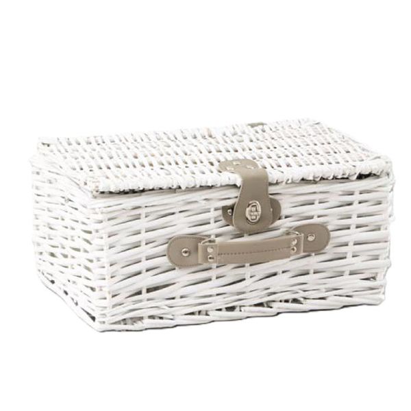 White Wicker Picnic Basket - Grey &amp; White Striped Lining