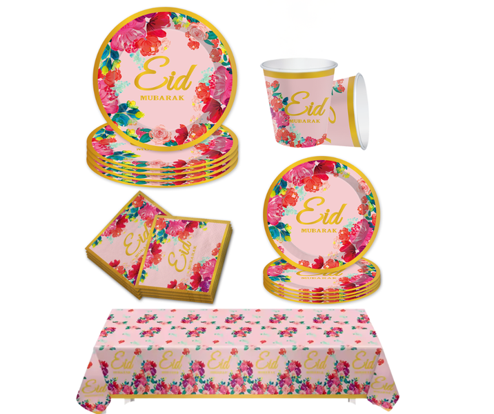 Eid Mubarak Disposable Tableware Pink&amp;Gold Florals Plate Cup Festive