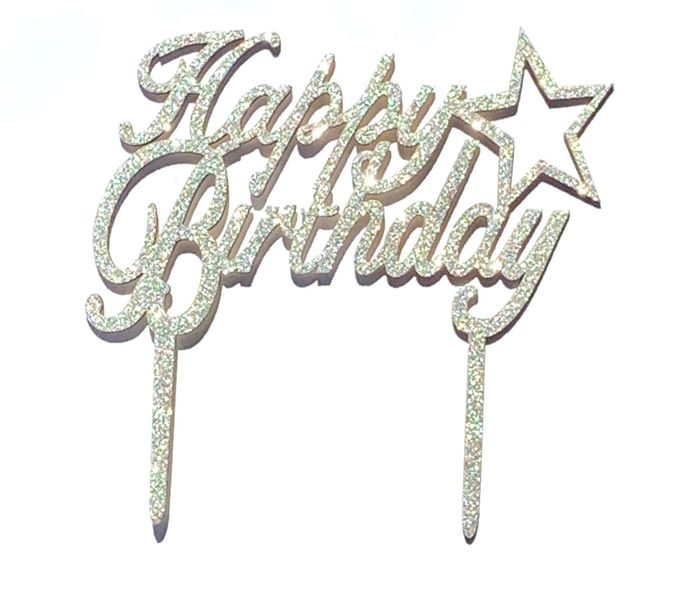 Happy Birthday - Cake Topper Decoration - Silver Glitter