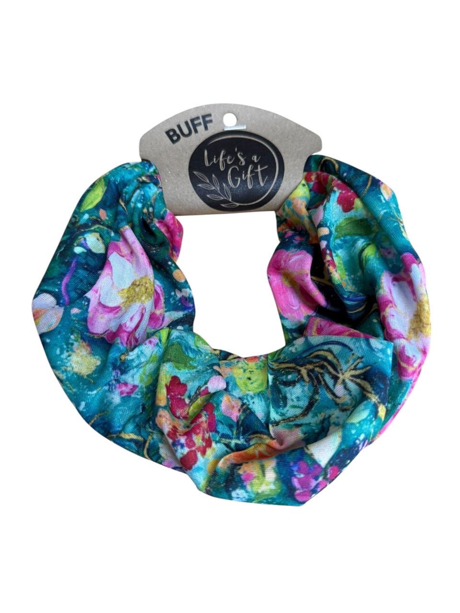 Neck Gaiter - Vibrant Pink Flowers on Blue & Green