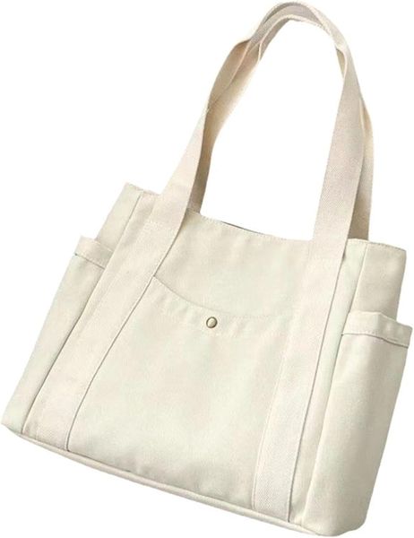 Multifunctional Canvas Shoulder Tote Bag with Pockets -White