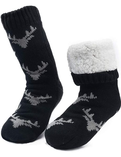 Men Winter Thermal Fleece Lining Knit Non Slip Socks Black &amp; Brown 2 Pack