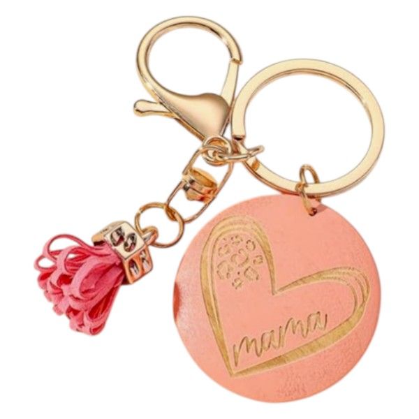 "Mama" Engraved Wooden Plate Keychain with Tassle Charm