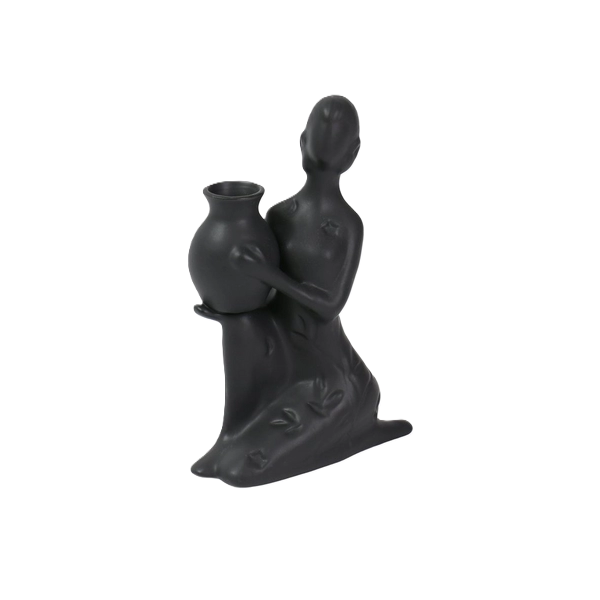 Kitro Resin Black Ceramic Tabletop Woman with Vase Ornament 14 x 21 cm
