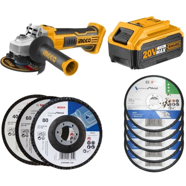 Ingco - Cordless Angle Grinder with 4.0 Ah Combo and Discs -kit