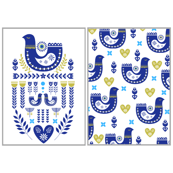 Nordic Scandianvian Design Tea Towels Dish Cloths Gift 2 Pk 'Scandi Birds