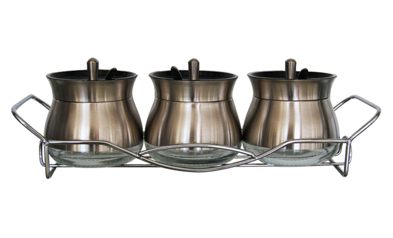 4 Piece Broad Glass Condiment set in Polished Steel with Metal Rack &amp; Scoops
