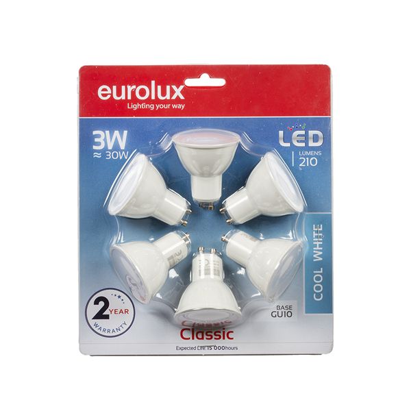 Eurolux - LED Plastic GU10 3W Cool White 4000K (6 Pack)