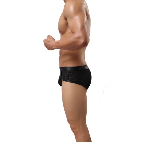 Men Black Faux Leather See Through Sexy Mesh Boxer Brief Trunk